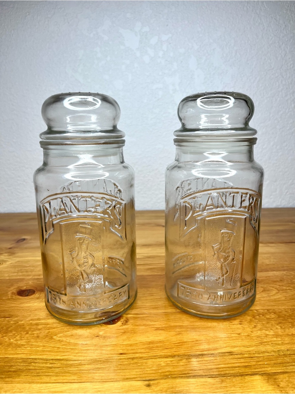 Vintage 1981 75th Anniversary Planters Mr Peanut Glass Jar With Lid Set Of Two
